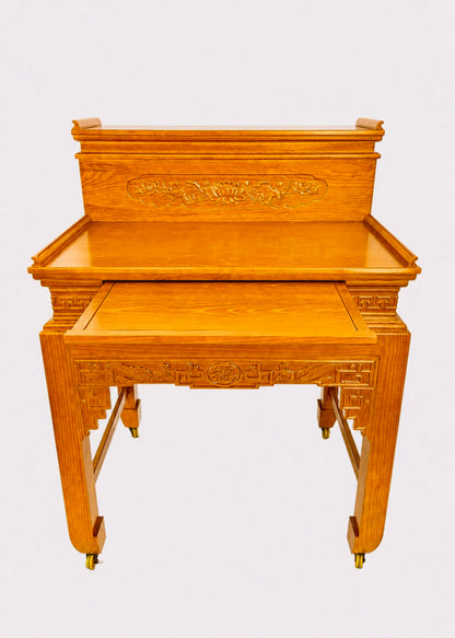 Honey Finish Two-Tier Solid Wood Buddhist Altar Table with Traditional Carved Design