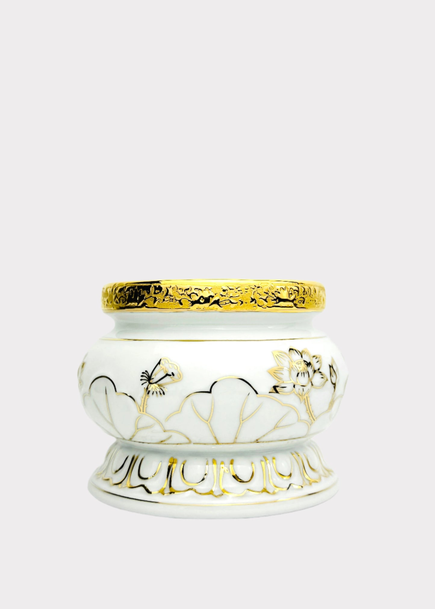 White Lotus Outline – Incense Holder Pot with Gold Rim – Ceramic