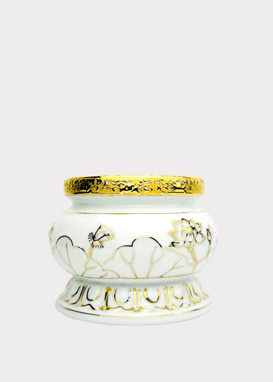 White Lotus Outline – Incense Holder Pot with Gold Rim – Ceramic