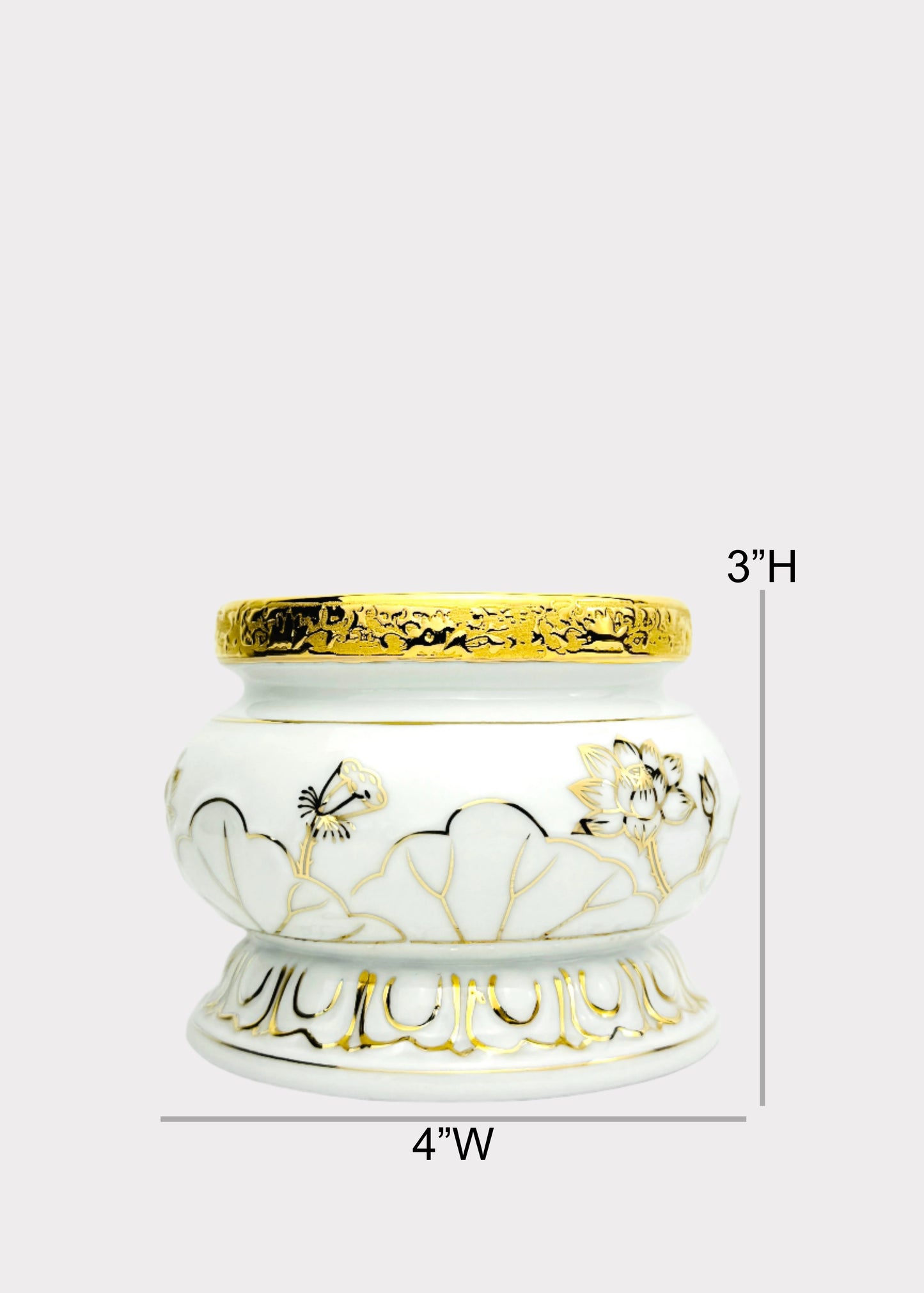 White Lotus Outline – Incense Holder Pot with Gold Rim – Ceramic