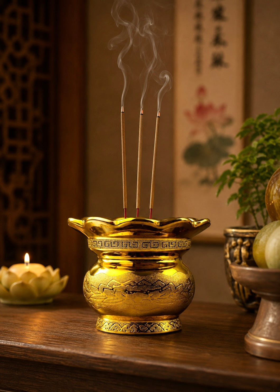 A golden incense burner with three incense sticks smoking, displayed on a wooden table in a traditional interior setting with a lit candle and decorative elements.