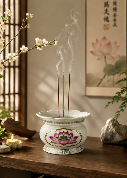 White Lotus Ceramic Incense Burner with Gold Accents