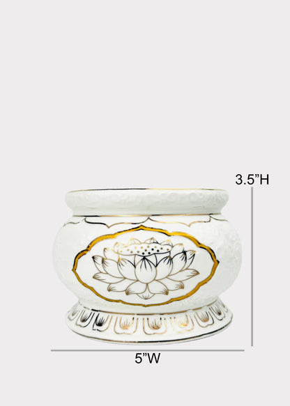 White & Gold Lotus Medallion – Incense Holder Pot – Ceramic