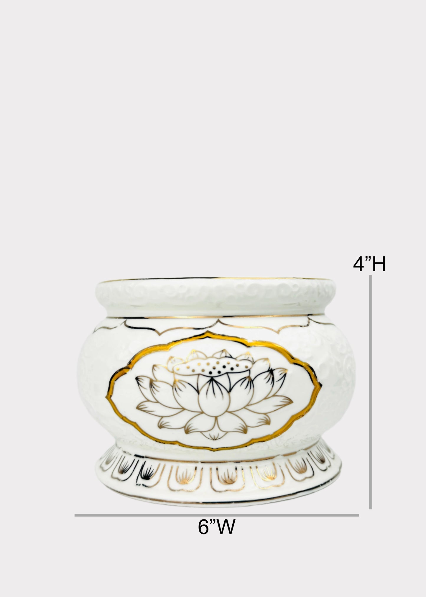 White & Gold Lotus Medallion – Incense Holder Pot – Ceramic