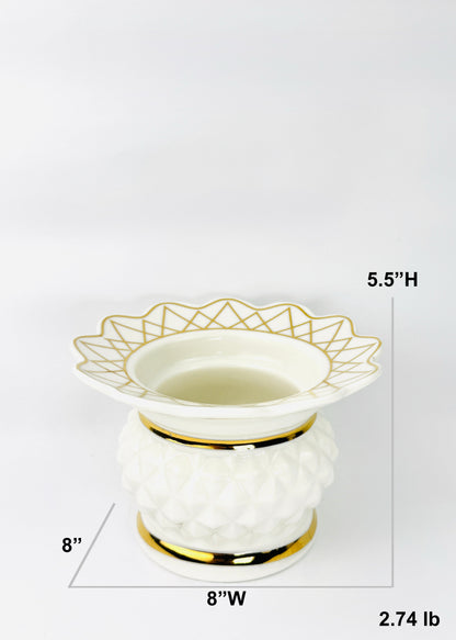 Lotus-Petal Tray Incense Holder – Faceted White & Gold (Ceramic)