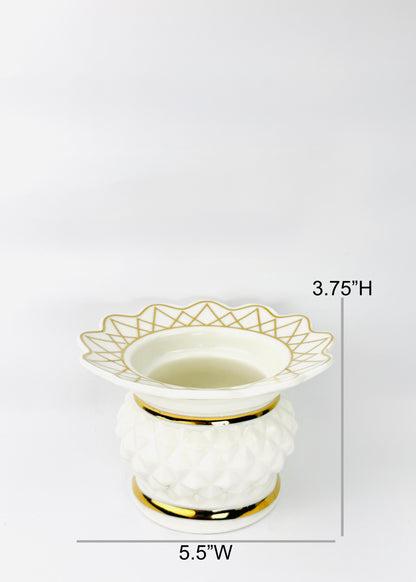 Lotus-Petal Tray Incense Holder – Faceted White & Gold (Ceramic)