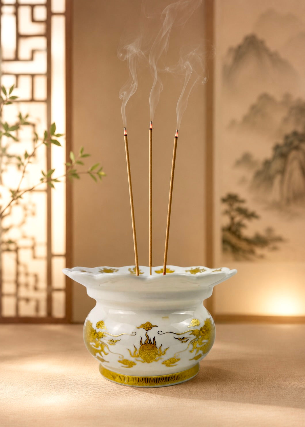 White & Gold Ceramic Incense Burner with Dragon Design