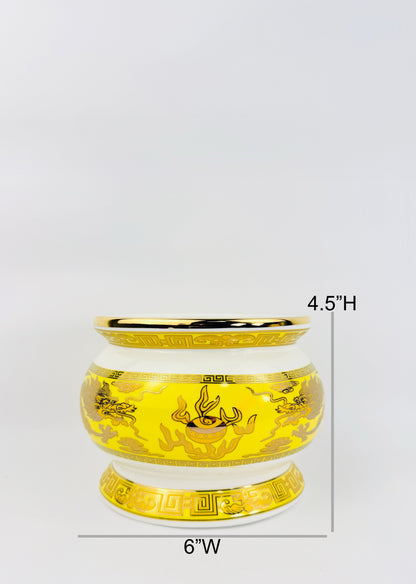 Imperial Yellow Two Dragons – Incense Holder Pot with Gold Rim – Ceramic
