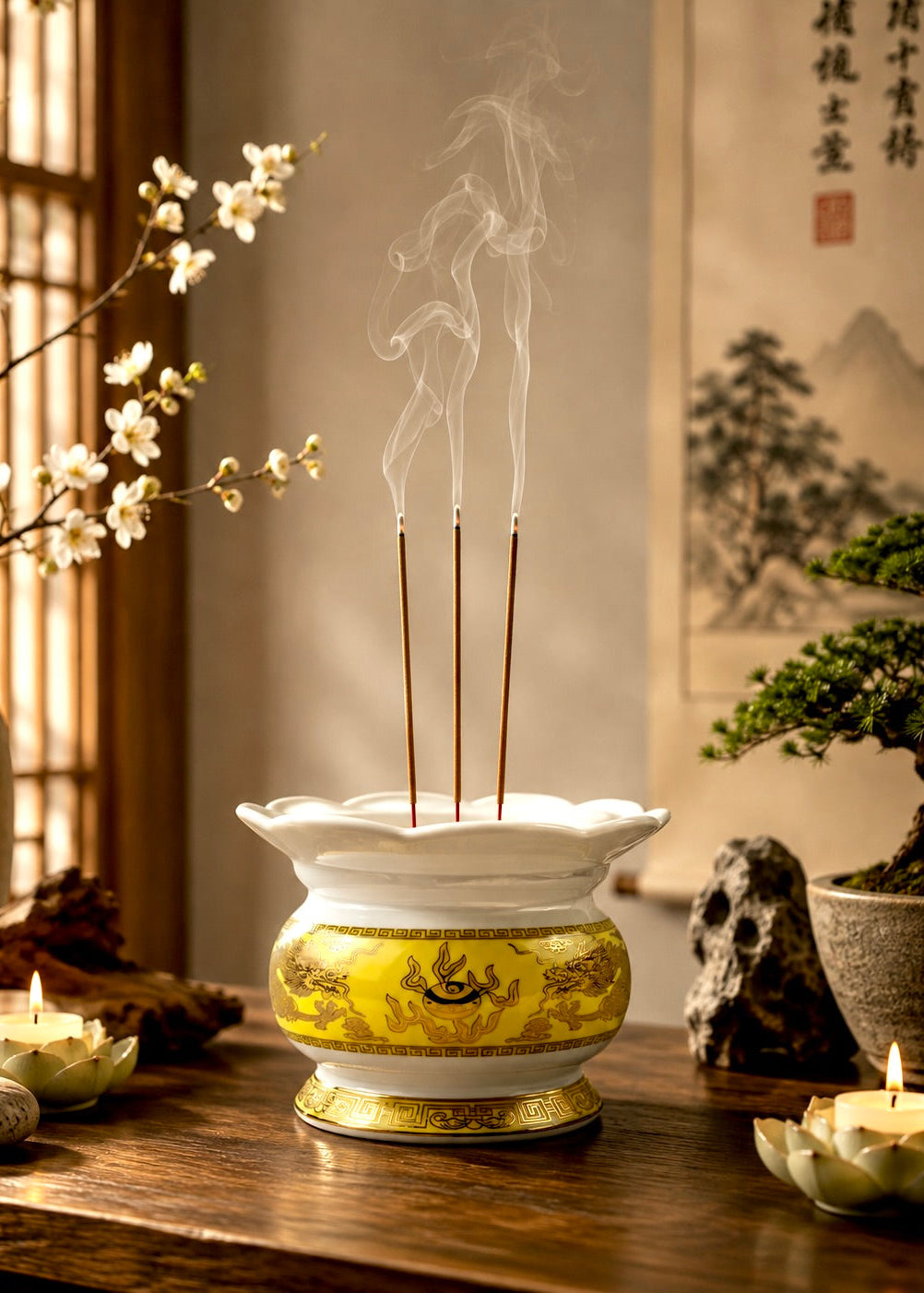 White Ceramic Lotus Incense Burner with Gold Dragon Design
