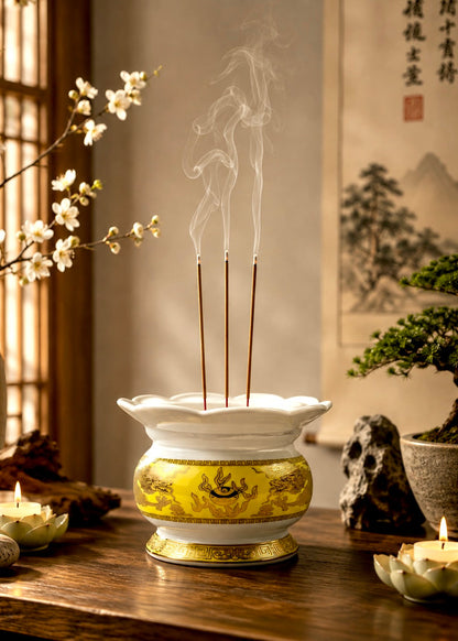 White Ceramic Lotus Incense Burner with Gold Dragon Design