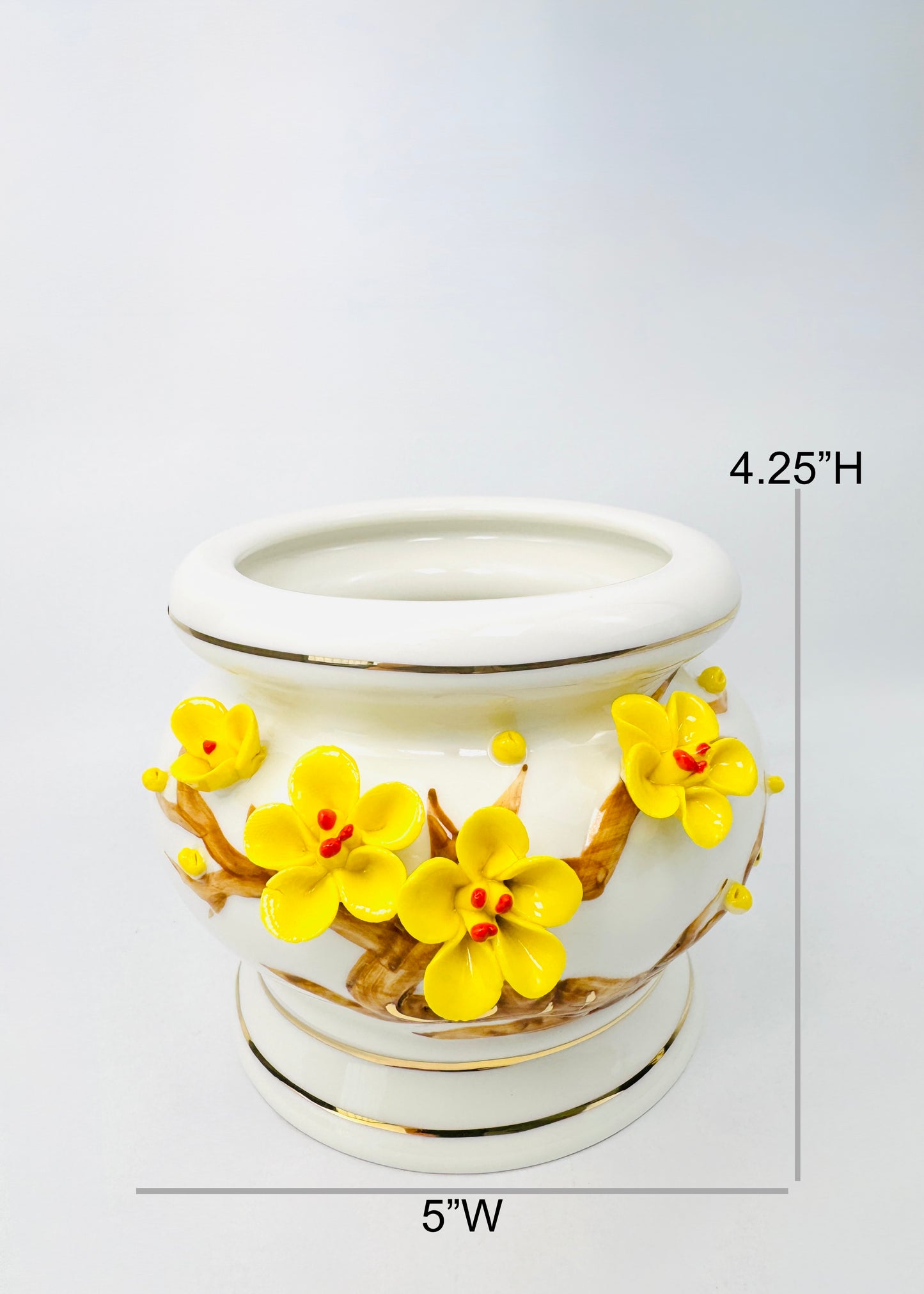 Yellow Blossom Relief – Incense Holder Pot with Gold Rim – Ceramic