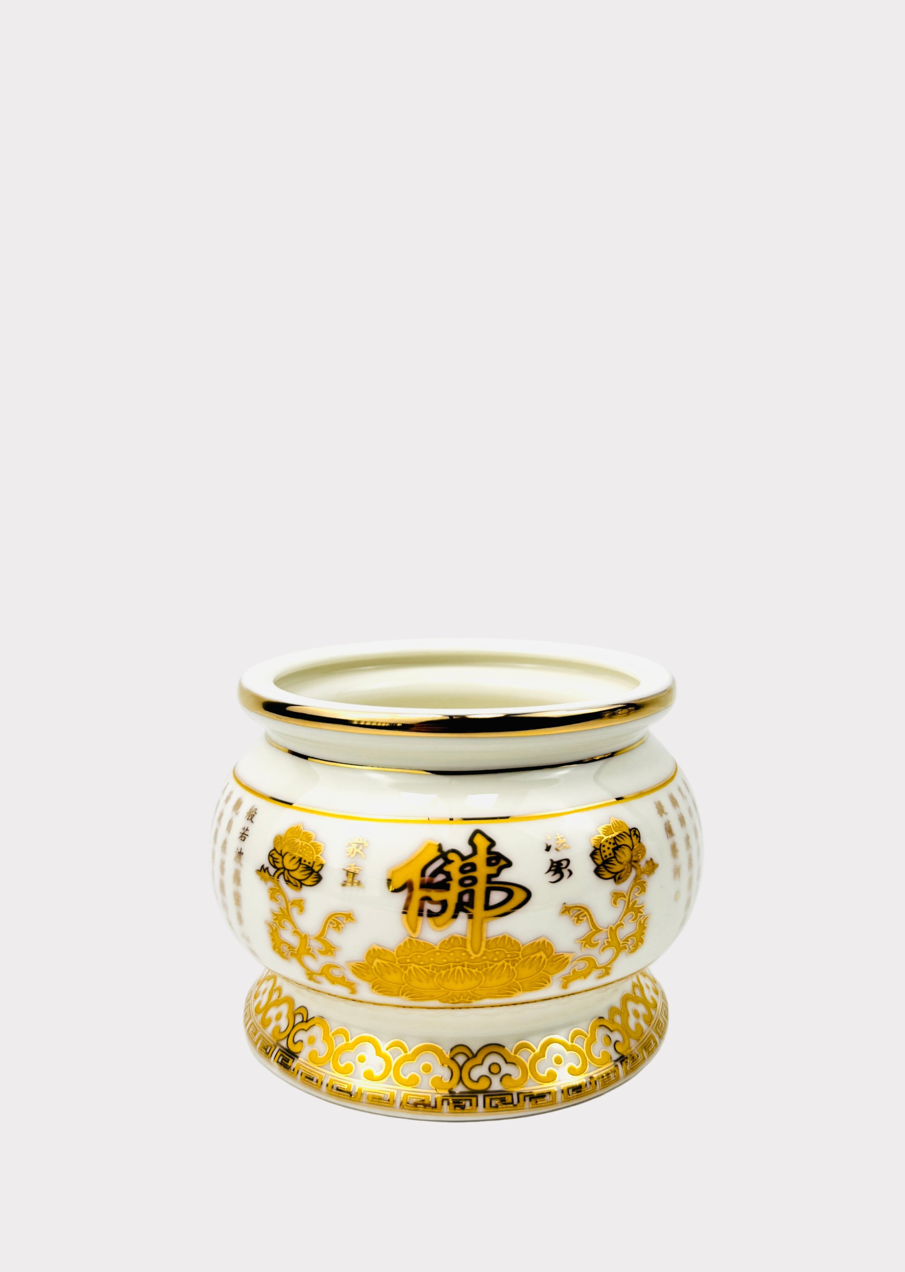 Buddha Script & Lotus – Incense Holder Pot with Gold Rim – Ceramic ...