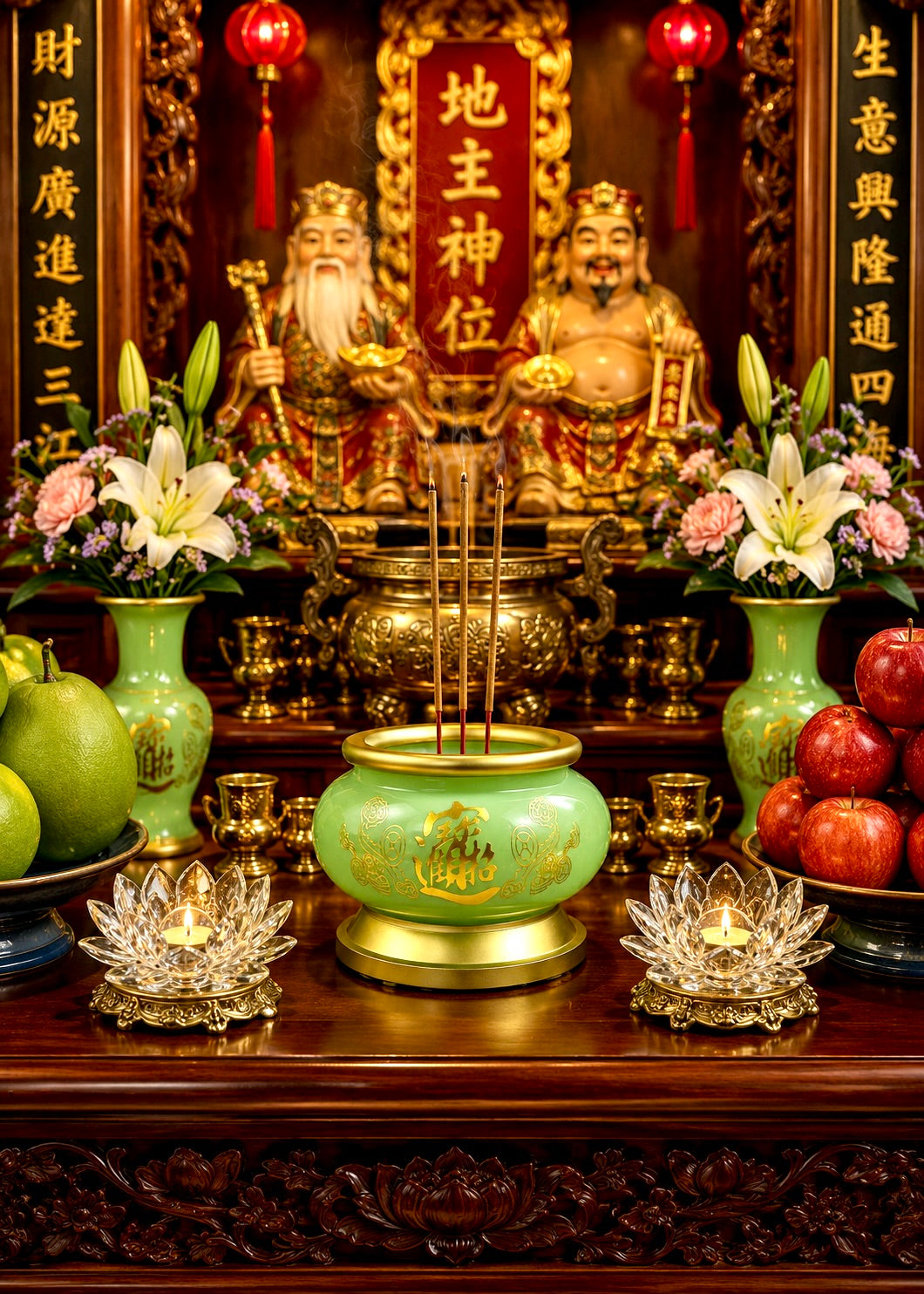 Jade Green Celadon Incense Burner with Gold-Tone Metal Base