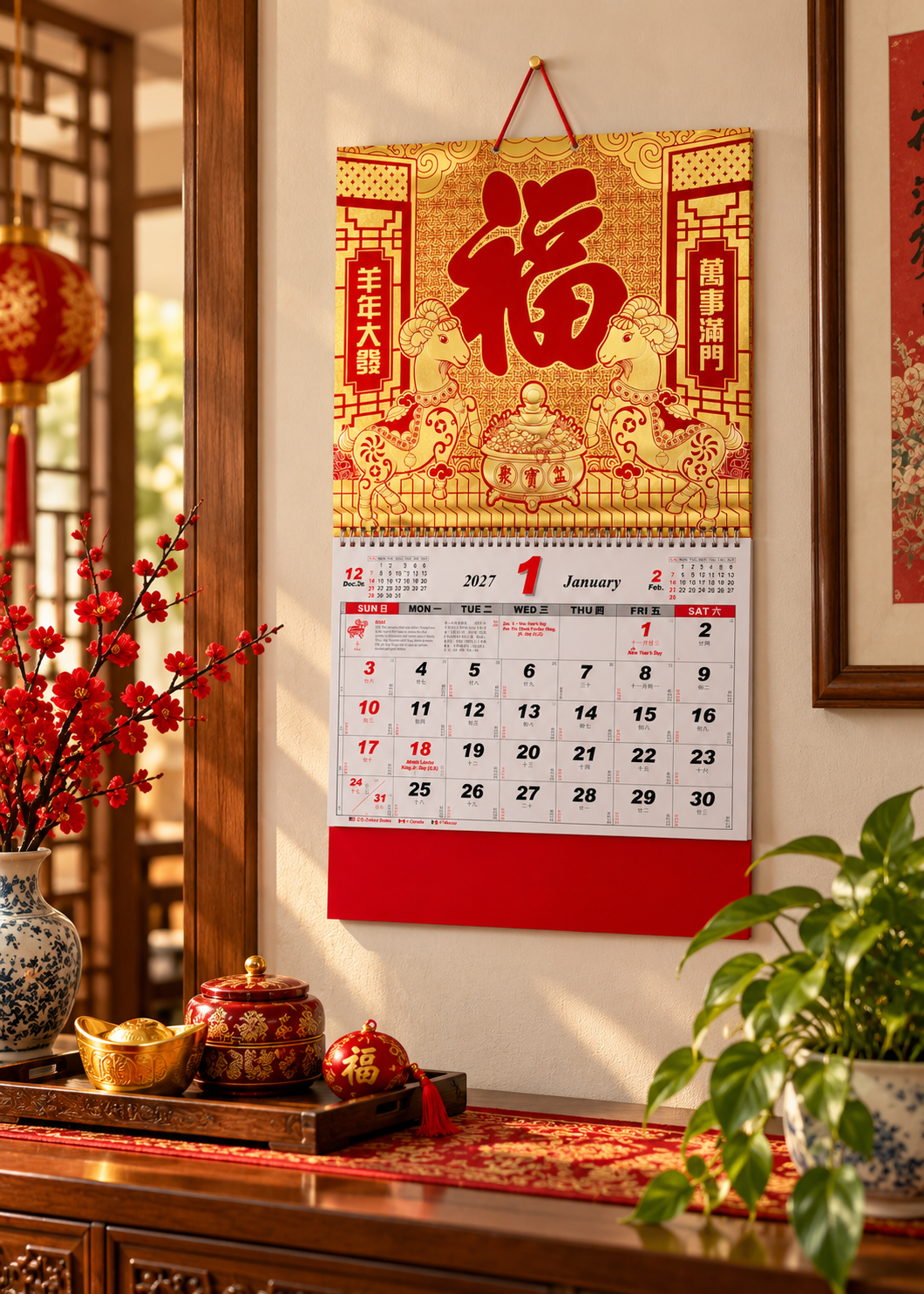 2027 Year of the Sheep Chinese Lunar Wall Calendar - Double Sheep Prosperity