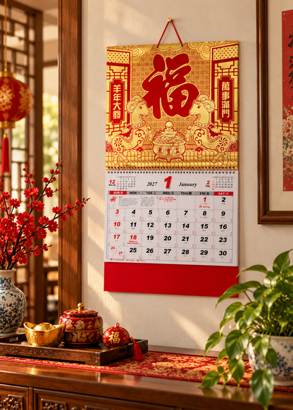 2027 Year of the Sheep Chinese Lunar Wall Calendar - Double Sheep Prosperity
