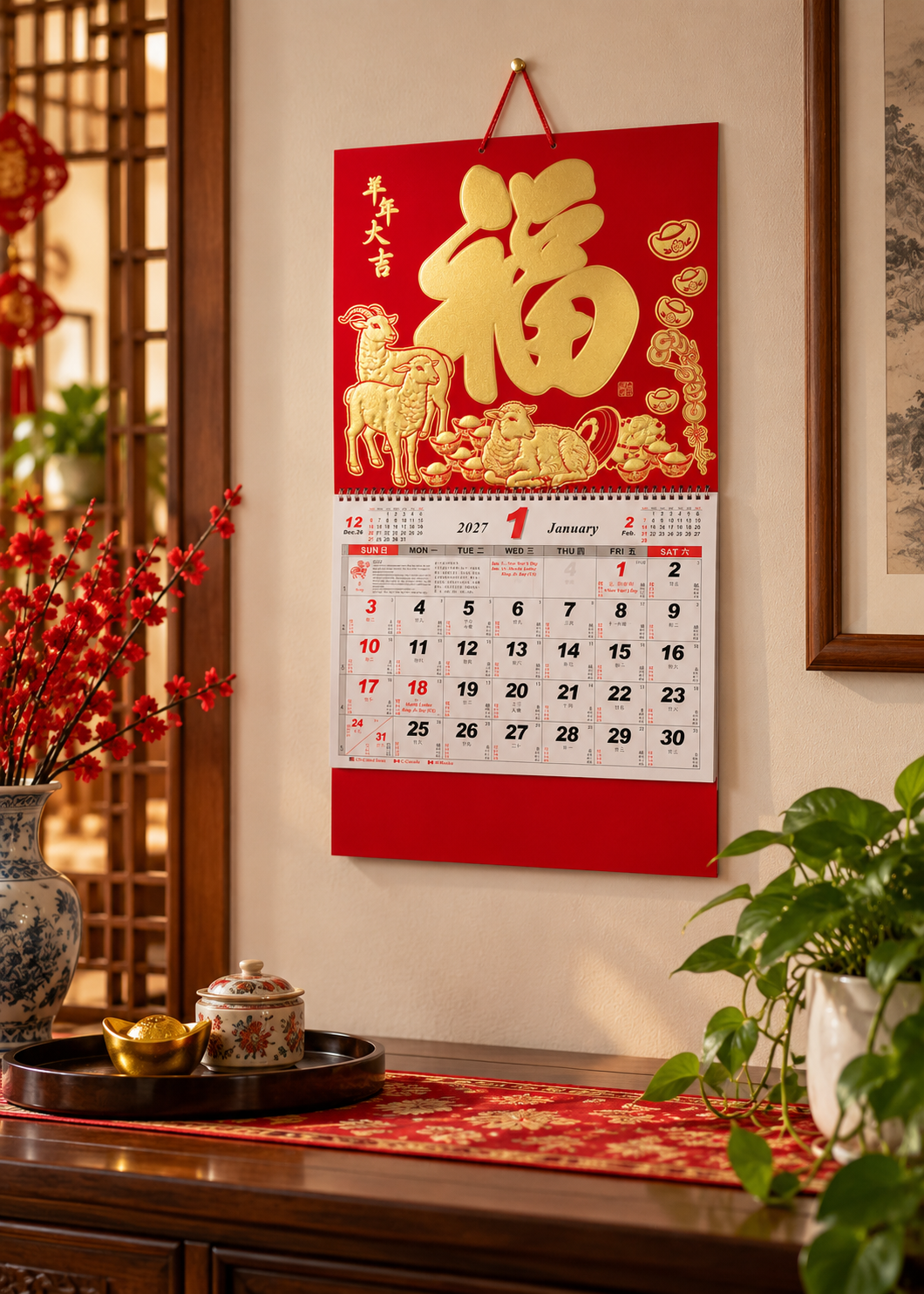 2027 Year of the Sheep Chinese Lunar New Year Wall Calendar - Red & Gold Fortune Design
