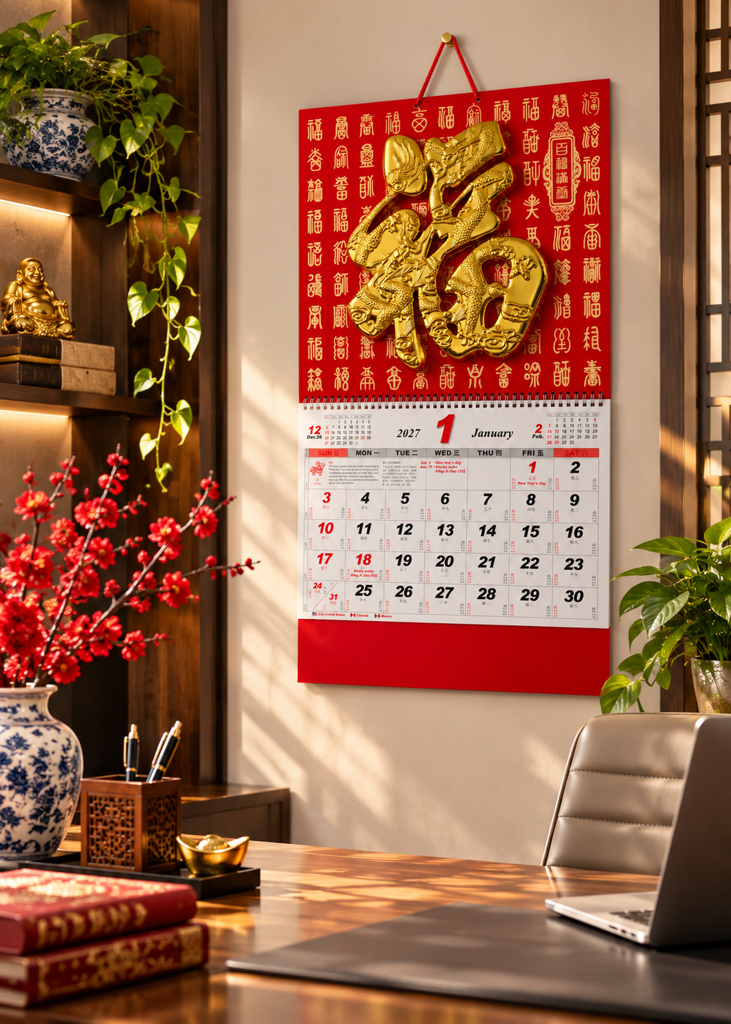 2027 Chinese Lunar Wall Calendar - 3D Gold Dragon Fortune Design