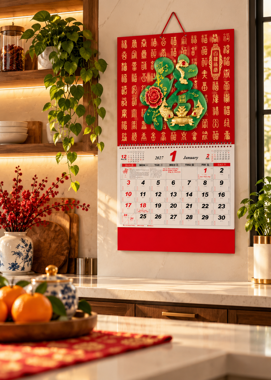 2027 Chinese Lunar Wall Calendar - 3D Jade Green Fortune Design