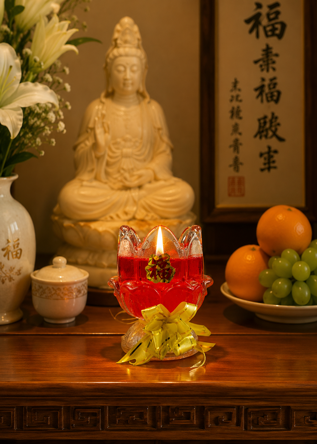 Red Lotus Glass Gel Candles with Lucky Fortune Symbol (2 Pieces)