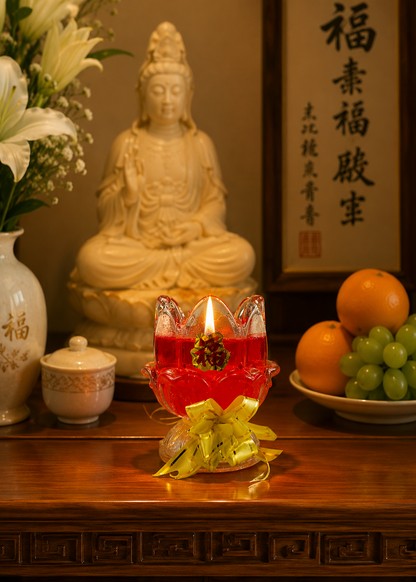 Red Lotus Glass Gel Candles with Lucky Fortune Symbol (2 Pieces)