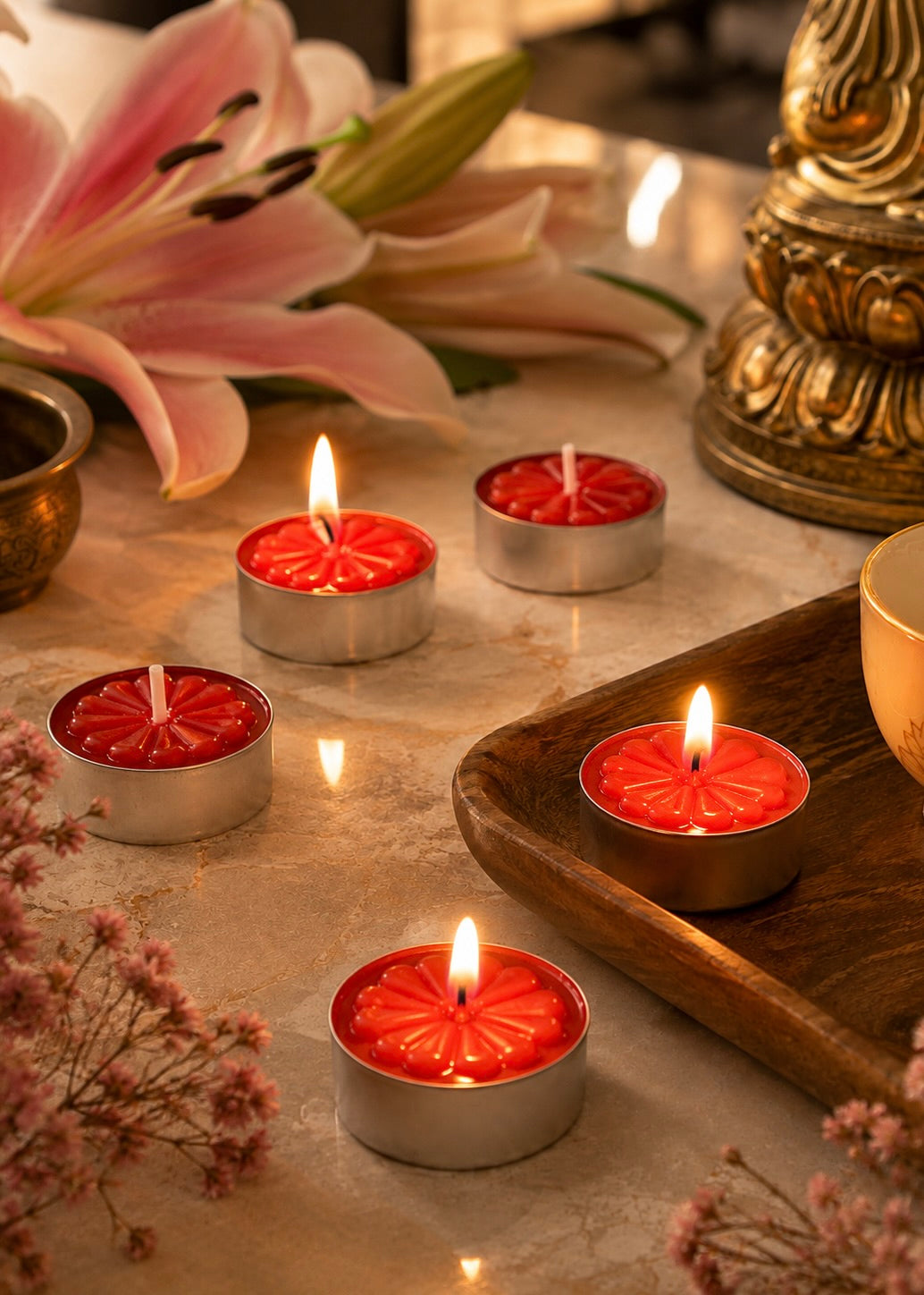 Red Altar Tea Light Candles with Decorative Design - 100 Count