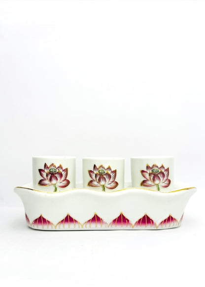 Lotus Altar Offering Cups Set with Tray - Porcelain - 3 Cups