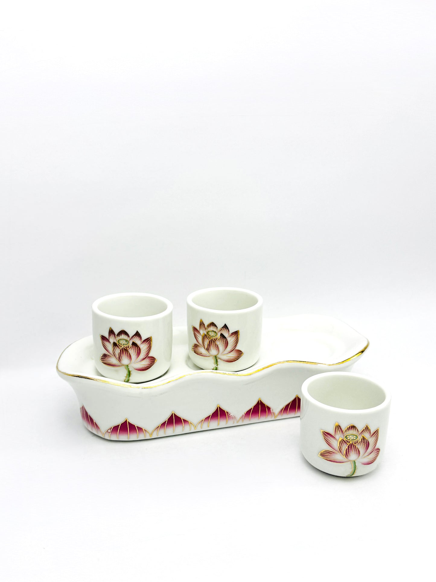 Lotus Altar Offering Cups Set with Tray - Porcelain - 3 Cups