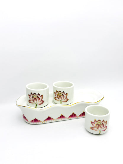 Lotus Altar Offering Cups Set with Tray - Porcelain - 3 Cups