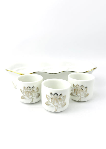 Lotus Altar Offering Cups Set with Tray - White Porcelain - Gold Trim - 3 Cups