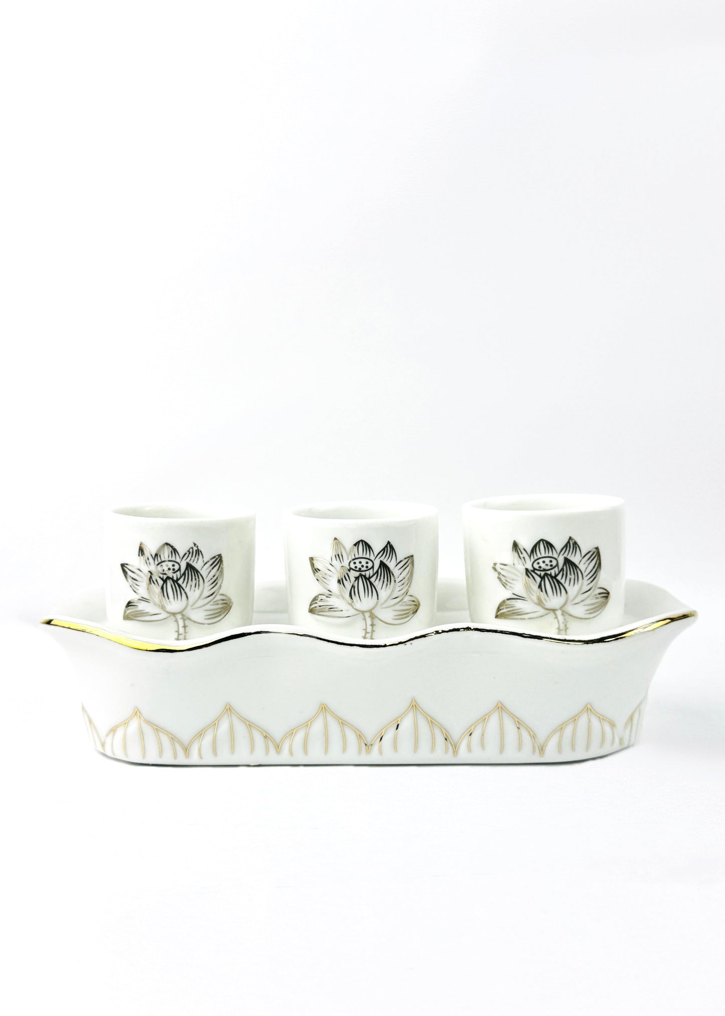 Lotus Altar Offering Cups Set with Tray - White Porcelain - Gold Trim - 3 Cups