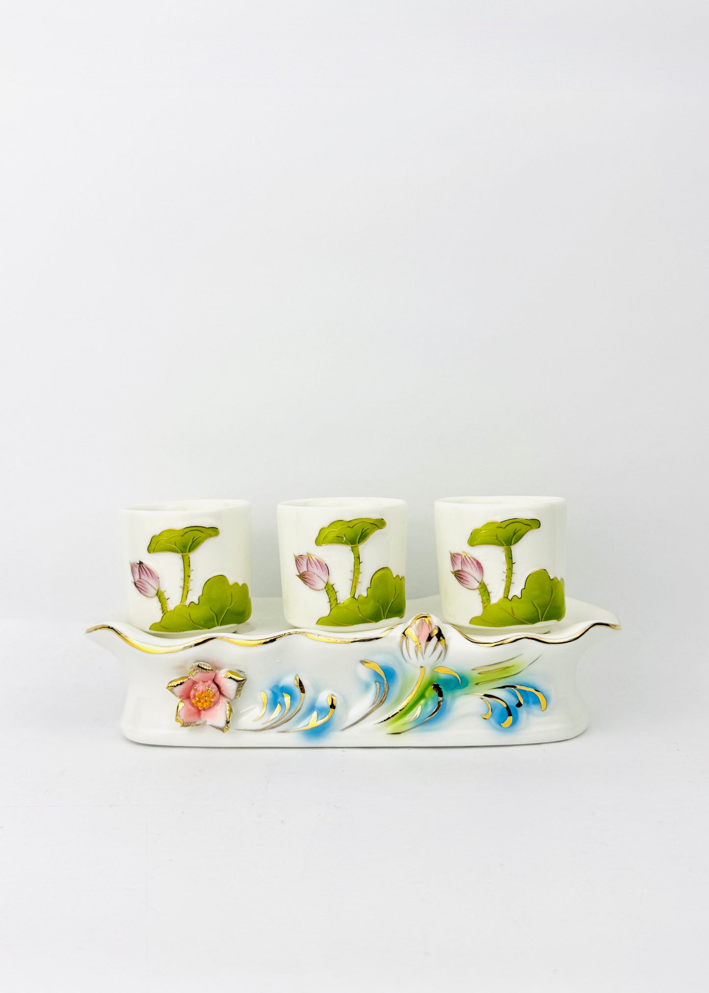 Lotus Altar Offering Cups Set - Porcelain Sculpted Tray - Hand-Painted - 3 Cups