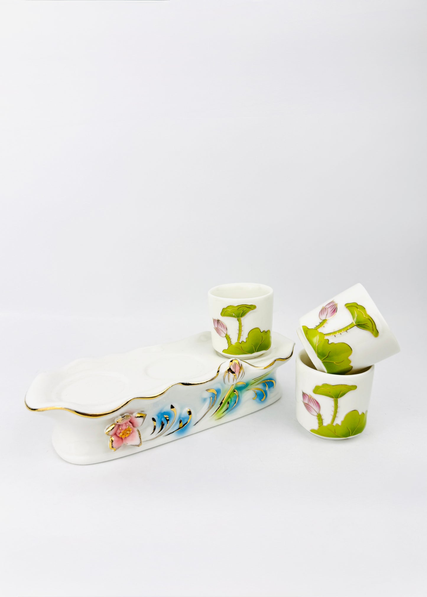 Lotus Altar Offering Cups Set - Porcelain Sculpted Tray - Hand-Painted - 3 Cups