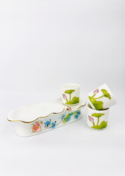 Lotus Altar Offering Cups Set - Porcelain Sculpted Tray - Hand-Painted - 3 Cups