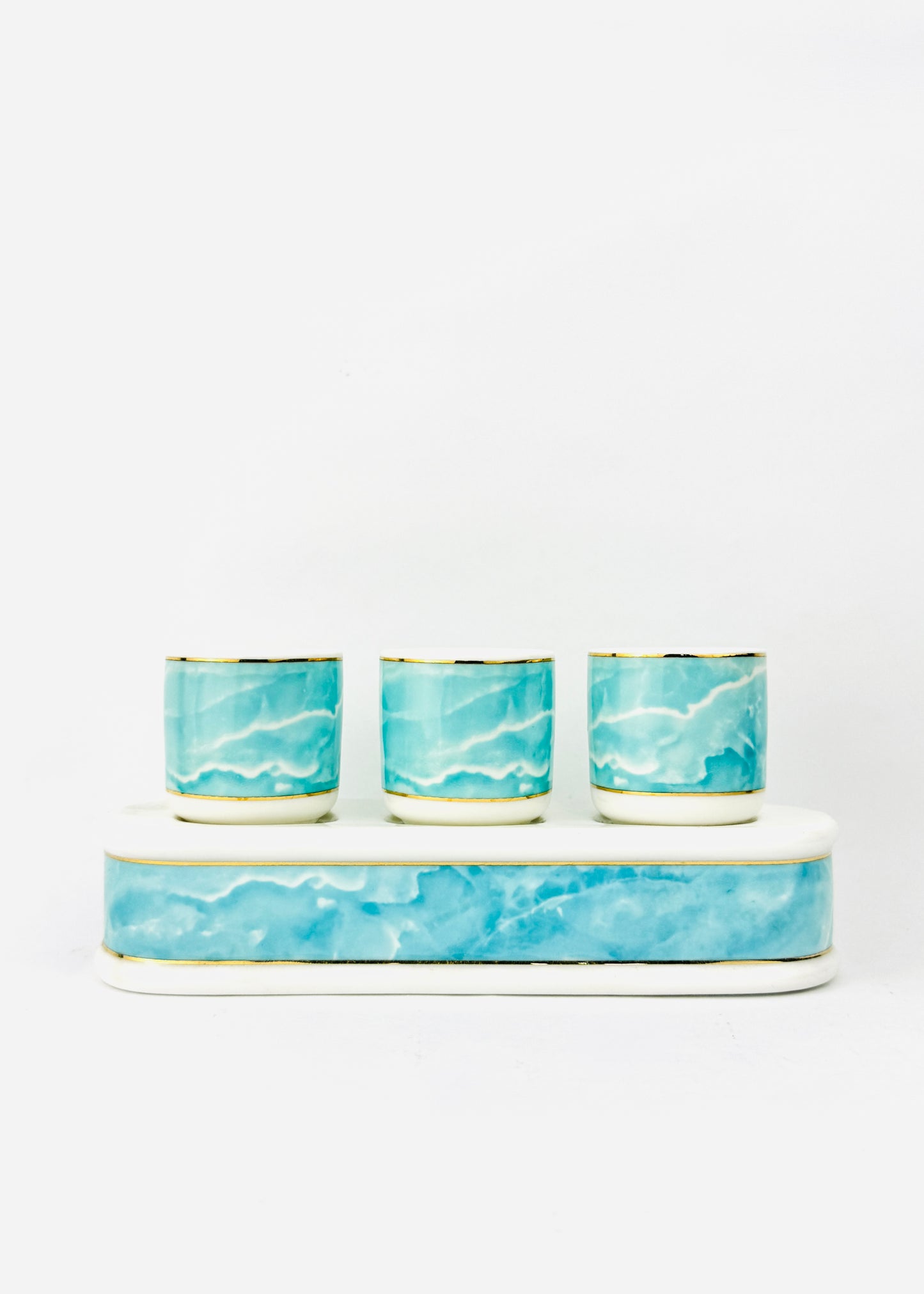 Blue Marble Altar Offering Cups Set - Porcelain Tray - Gold Rim - 3 Cups