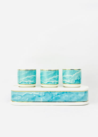 Blue Marble Altar Offering Cups Set - Porcelain Tray - Gold Rim - 3 Cups