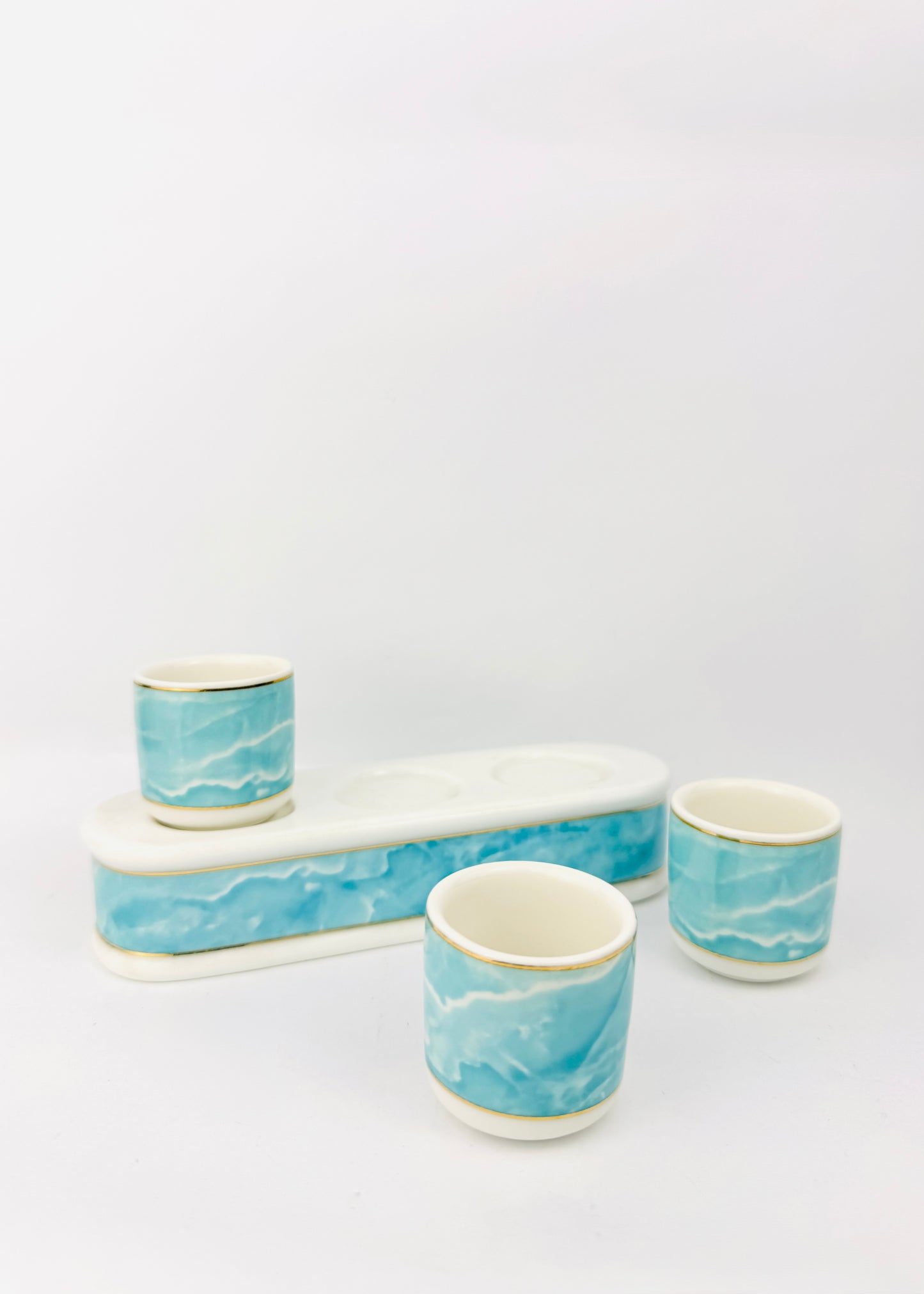 Blue Marble Altar Offering Cups Set - Porcelain Tray - Gold Rim - 3 Cups