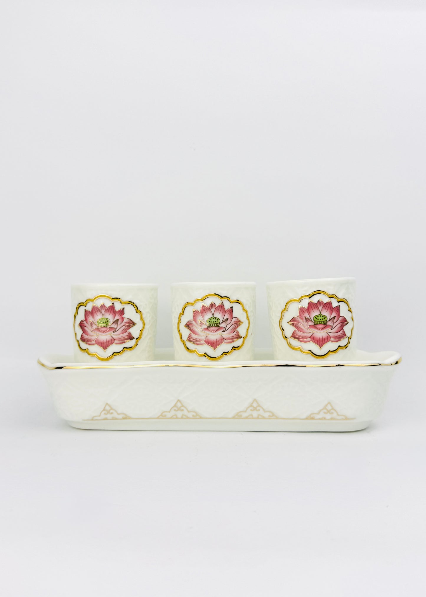 Lotus Medallion Altar Cups Set - White Porcelain Tray - Gold Trim - 3 Cups