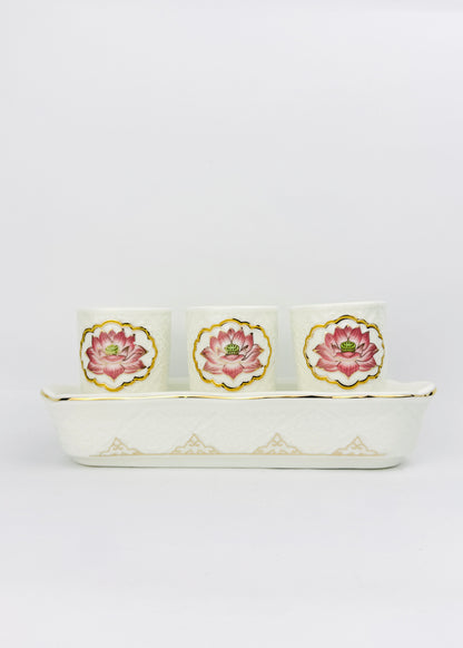 Lotus Medallion Altar Cups Set - White Porcelain Tray - Gold Trim - 3 Cups