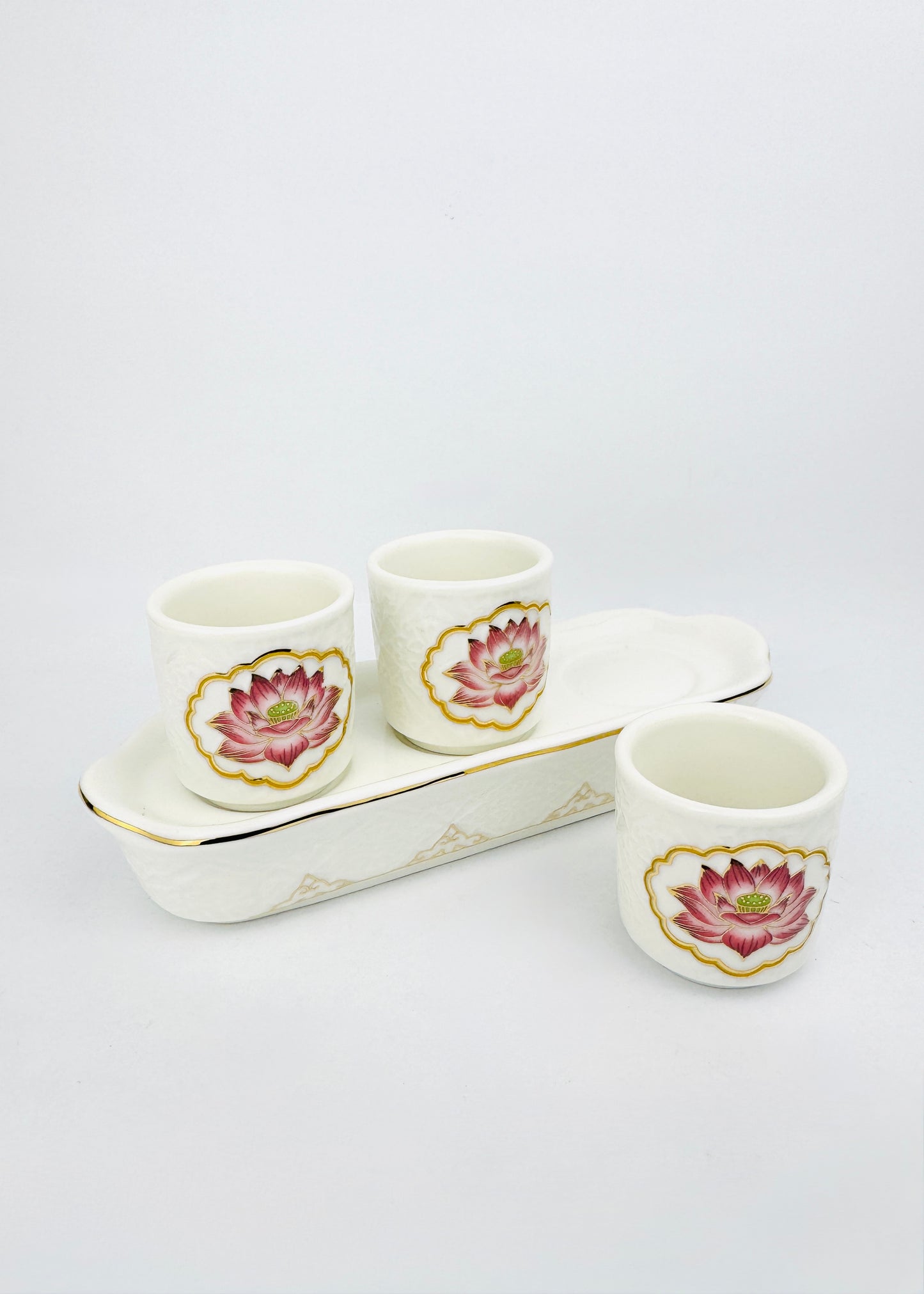 Lotus Medallion Altar Cups Set - White Porcelain Tray - Gold Trim - 3 Cups