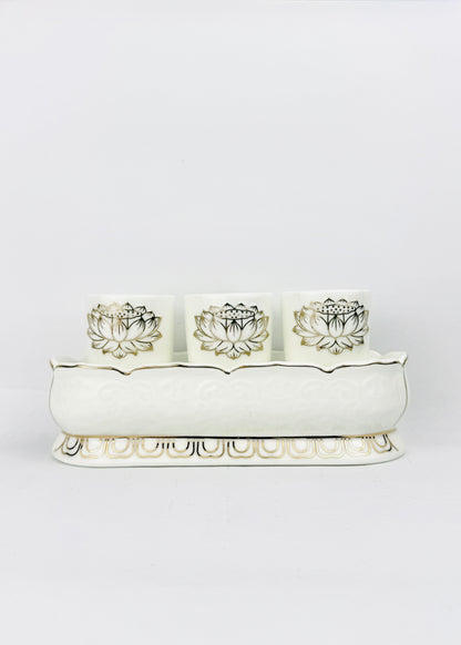 Lotus Linework Offering Cups - Raised Base Tray - White Porcelain Gold - 3 Cups