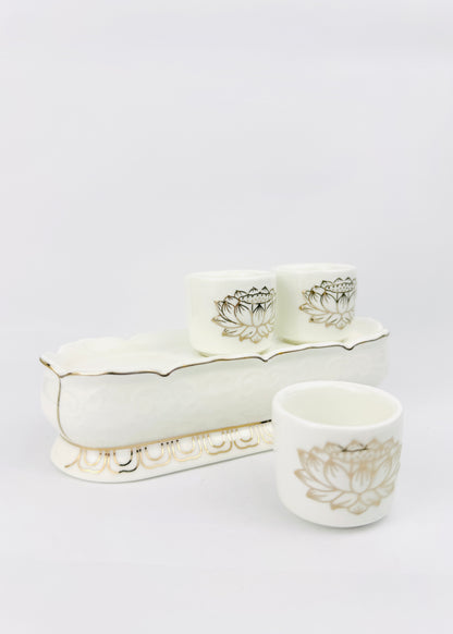 Lotus Linework Offering Cups - Raised Base Tray - White Porcelain Gold - 3 Cups