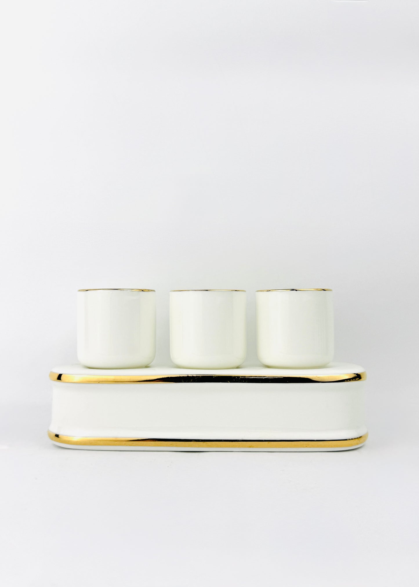 White Porcelain Altar Offering Cups Set - Gold Rim Tray - 3 Cups