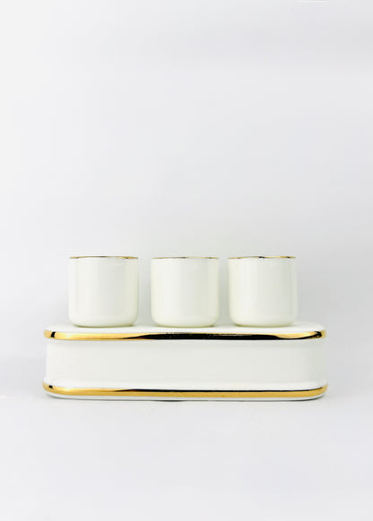 White Porcelain Altar Offering Cups Set - Gold Rim Tray - 3 Cups