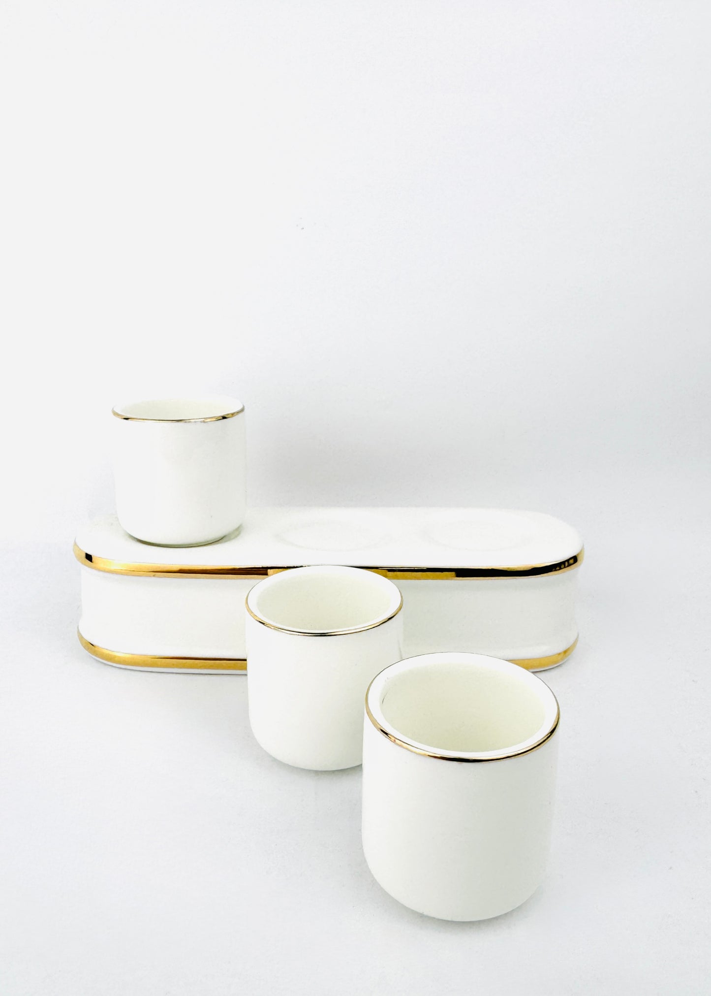 White Porcelain Altar Offering Cups Set - Gold Rim Tray - 3 Cups