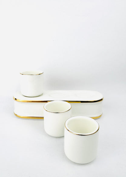 White Porcelain Altar Offering Cups Set - Gold Rim Tray - 3 Cups