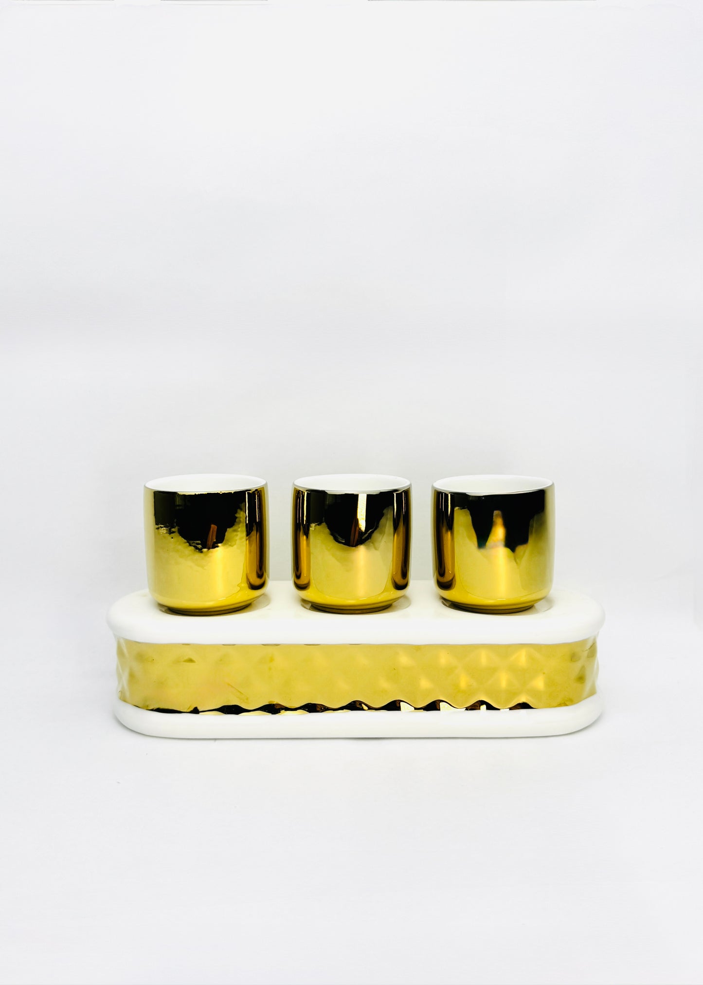 Gold Mirror Altar Offering Cups Set - Porcelain Tray - Textured Band - 3 Cups