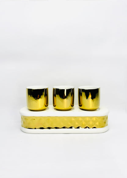 Gold Mirror Altar Offering Cups Set - Porcelain Tray - Textured Band - 3 Cups