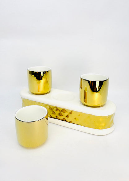 Gold Mirror Altar Offering Cups Set - Porcelain Tray - Textured Band - 3 Cups