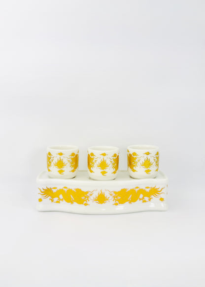 Dragon Motif Altar Offering Cups Set - White Porcelain - Gold Pattern - 3 Cups