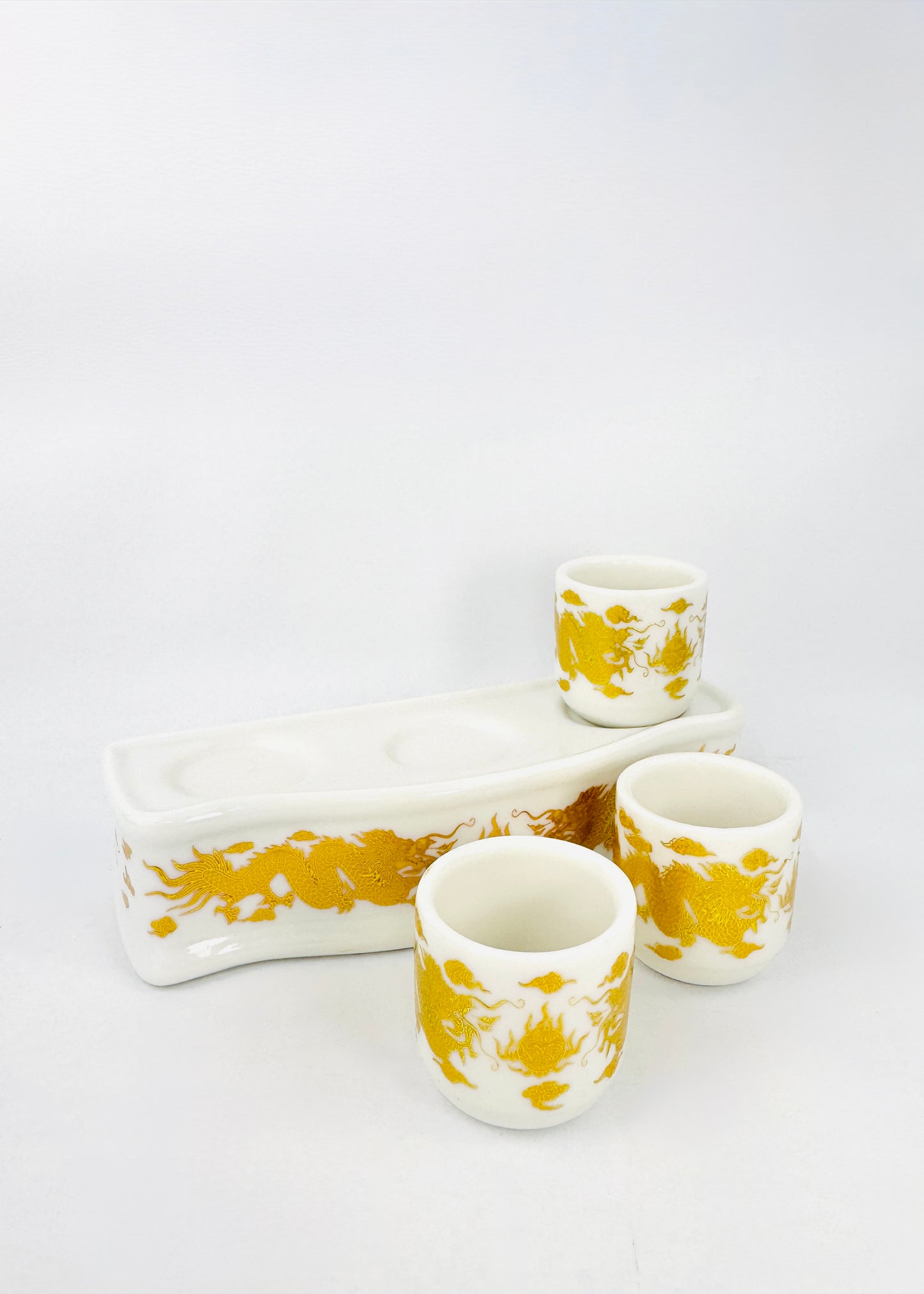 Dragon Motif Altar Offering Cups Set - White Porcelain - Gold Pattern - 3 Cups